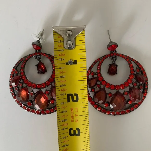 Vintage Red Jeweled Hoop Earrings Drop Rhinestones Stud Top Pierced Ears - Picture 6 of 15